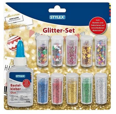 Stylex Glitter Set, 11-teilig zum basteln und dekorieren inkl. Bastelkleber