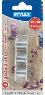 Stylex 46474 Basteldraht silberfarben 0,3 + 0,4 und 0,5 mm 3 x 2 m