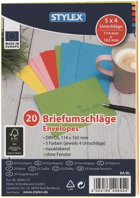 Stylex Briefumschläge, DIN C6, farbig, 20 Stück