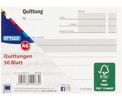 Stylex 40083 Quittungen, DIN A6, 50 Blatt, FSC