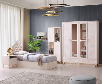 Jugendzimmer-Set 4Tlg Bett Nachttisch Kleiderschrank Bücherregal Beige Einfarbig