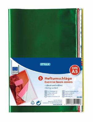 Stylex 40540 Heftumschläge, DIN A5, farbig transparent, 5er Pack