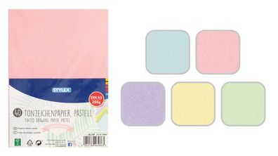 Stylex 46486 Tonzeichenpapier DIN A5 - 40 Blatt - 200 g/m² - lose 5 Pastell-Farben