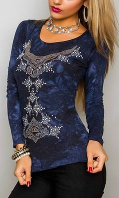 Sexy Miss Damen Langarm Shirt Strass Ornament Top 34/36/38 blau batik Neu