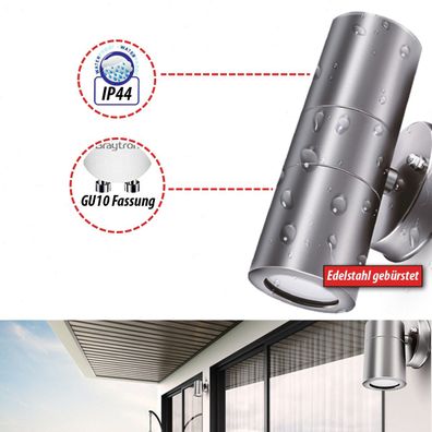 LED IP44 Wandleuchte Edelstahl Outdoor & Indoor 2x LED GU10 5W Warmweiß Leuchtmittel