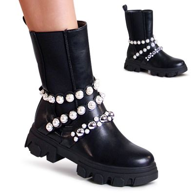 topschuhe24 2301 Damen Plateau Stiefeletten Halb Stiefel Zierperlen