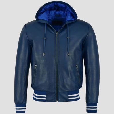 Blaue Bomberjacke aus echtem Leder mit Kapuze