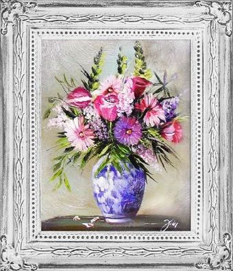 Blumenstrauß Blumen Vase Gemälde Ölgemälde Bilder Bild Ölbild Mit Rahmen G05259