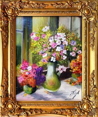 Blumenstrauß Blumen Vase Gemälde Ölgemälde Bilder Bild Ölbild Mit Rahmen G01908