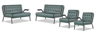 Sofa-Set Grün Einfarbig Modern Edelstahl Stil Chesterfield Leder Holz