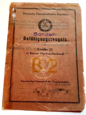 DDR Sonderbefähigungszeugnis als Kapitän (II) in kleiner Hochseefischerei 1957