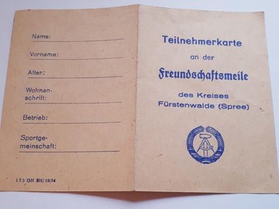 DDR Teilnehmerkarte an der Freundschaftsmeile Kreis Fürstenwalde/Spree