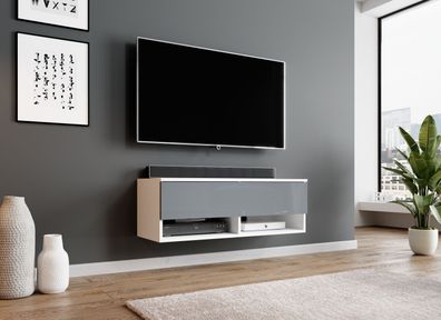 FURNIX TV Lowboard AREZO Fernsehschrank 100 cm- ohne LED Weiß matt-Glänzend Grau