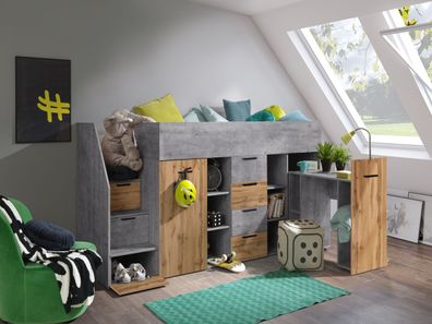 Hochbett K3L mit Schreibtisch, Schrank und Schubladen. Treppe Links