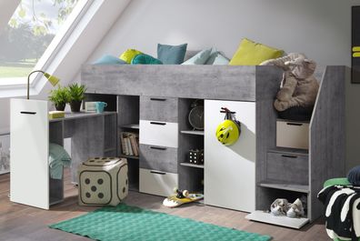 Kinderbett K3P, mit Schreibtisch, Schrank und Schubladen. Treppe Rechts