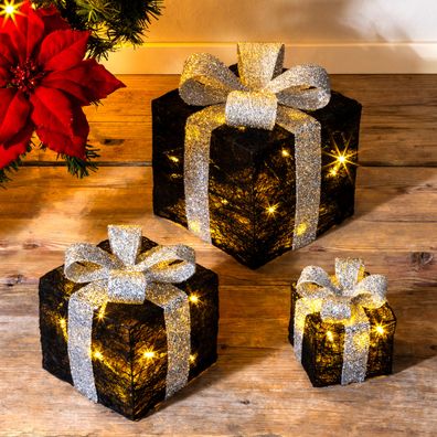 LED Geschenk Boxen 3er Set Schwarz - Weihnachten Deko Beleuchtung Timer Batterie