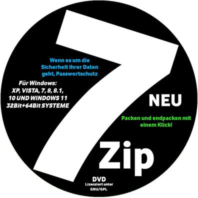 7ZIP 32bit + 64-bit DVD WINZIP ZIP RAR TAR 38 Archiv Packer Entpacker komprimieren