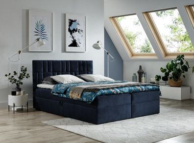 FURNIX Boxspringbett TREZO 3 140x200 mit Bettkasten und Topper AR70849 Marineblau