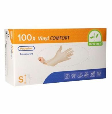 Medi-Inn Einweghandschuhe, Vinyl puderfrei "Comfort" Größe S + M + L + XL