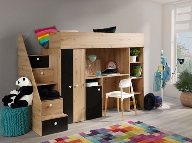 Hochbett S14, mit Schreibtisch, Kleiderschrank und Regale. Treppe beidseitig montier