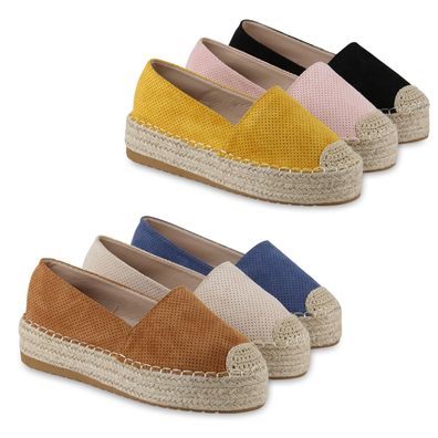 VAN HILL Damen Espadrilles Slippers Bast Profil-Sohle Plateau Schuhe 841157