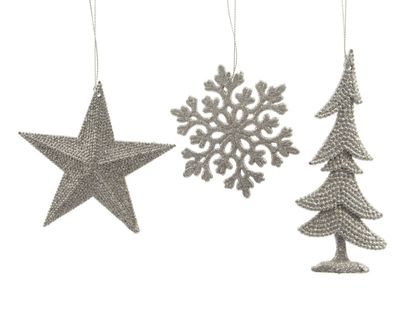 10 Stück! Weihnachtsaufhänger Plastik Glitter Silber Decoris