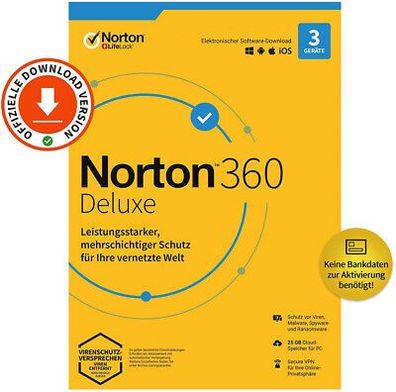 Norton Security 360 Deluxe|3 Geräte|1 Jahr|kein ABO|Download|eMail|ESD