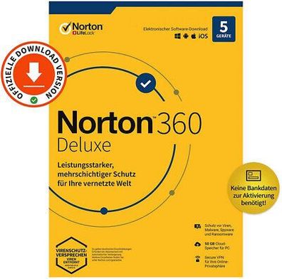 Norton Security 360 Deluxe|5 Geräte|1 Jahr|kein ABO|Download|eMail|ESD