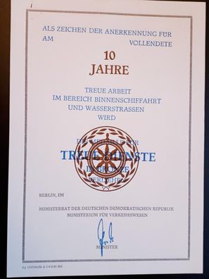 DDR Urkunde Treue Arbeit im Bereich Binnenschiffahrt und Wasserstraßen