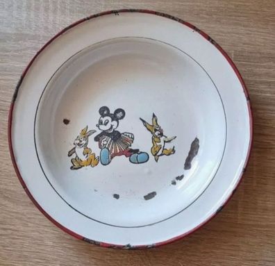 Emaille Blechteller Kinderteller Antik Micky Maus mit Hasen mit Gebrauchsspuren