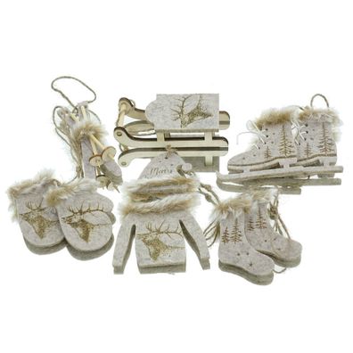 GASPER Weihnachtsanhänger Wintersport Grau-Beige 6 teiliges Set - Filz & Holz