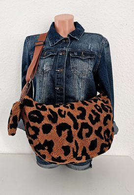 Große Teddyfell Bauchtasche Schultertasche Cross Body Bag Leoprint Braun/Schwarz