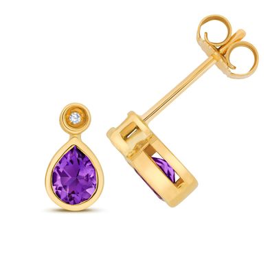 9 ct/Karat Gelb Gold Damen - Diamant Ohrstecker Brillant-Schliff mit Amethyst
