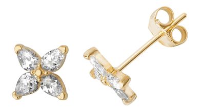 Klassische 9 ct/Karat Gelb Gold Blume Damen - Paar Ohrstecker mit Zirkonia