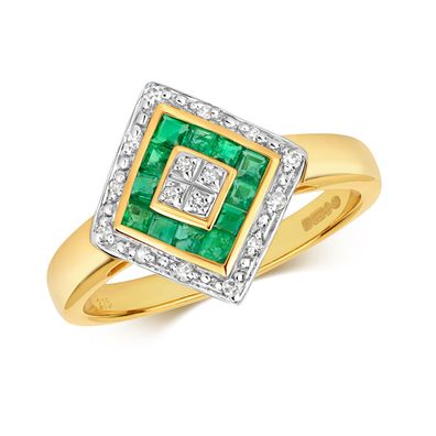 9 ct/Karat Gelb Gold Diamantring Brillant-Schliff 0.08 Karat H - PK mit Smaragd