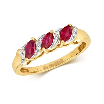 9 ct/Karat Gelb Gold Trilogie Diamant Damenring Brillant-Schliff GH - SI mit Rubin