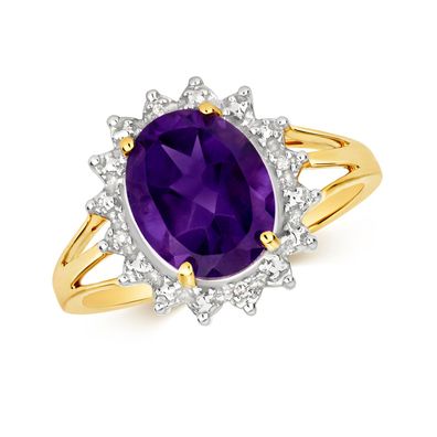 9 ct/Karat Gelb Gold Diamant Solitärring Brillant-Schliff H - PK mit Amethyst