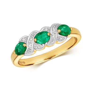 9 ct/Karat Gelb Gold Trilogie Diamantring Brillant-Schliff H - PK mit Smaragd