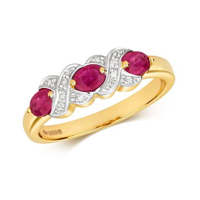 9 ct/Karat Gelb Gold Trilogie Damen - Diamant Ring Brillant-Schliff H - PK mit Rubin