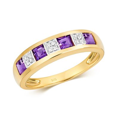 9 ct/Karat Gelb Gold Damen - Diamant Ring Brillant-Schliff 0.06 Karat mit Amethyst