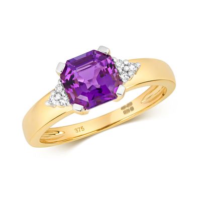 9 ct/Karat Gelb Gold Diamant Solitärring Brillant-Schliff 0.06 Karat mit Amethyst