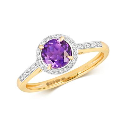 9 ct/Karat Gelb Gold Diamant Solitärring Brillant-Schliff 0.12 Karat mit Amethyst