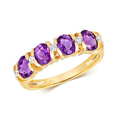 Eleganter 9 ct/Karat Gelb Gold Diamant Ring Brillant-Schliff 0.12 Karat mit Amethyst