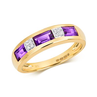 9 ct/Karat Gelb Gold Halb Eternity Diamant Damenring Brillant-Schliff mit Amethyst