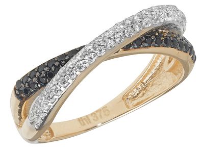 Stylischer 9 ct/Karat Gelb Gold Damen - Kreuz über Ring / Ring gekreuzt mit Zirkonia