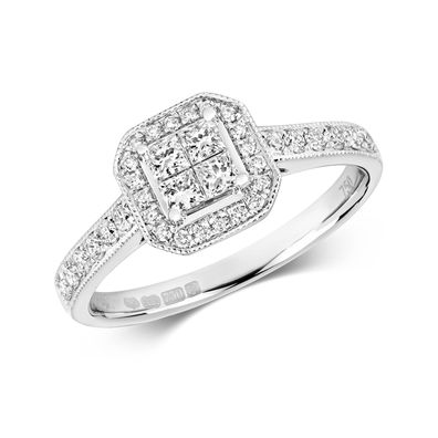 18 ct/Karat Weißgold Cluster Diamant Damenring Prinzessschliff 0.54 Karat HI - SI