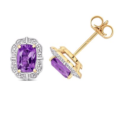 9 ct/Karat Gelb Gold Diamant Paar Ohrstecker Brillant-Schliff 0.07 Karat mit Amethyst
