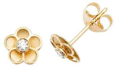Stylische 9 ct/Karat Gelb Gold Blume Damen - Paar Ohrstecker mit Zirkonia