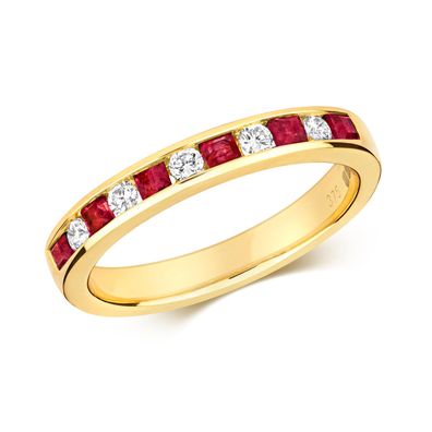 9 Karat (375) Gold Damen - Diamant Ring Brillant-Schliff 0.16 Karat HI - I1 mit Rubin