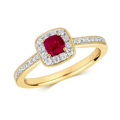 9 Karat (375) Gold Diamant Solitärring Brillant-Schliff 0.24 Karat HI - I1 mit Rubin